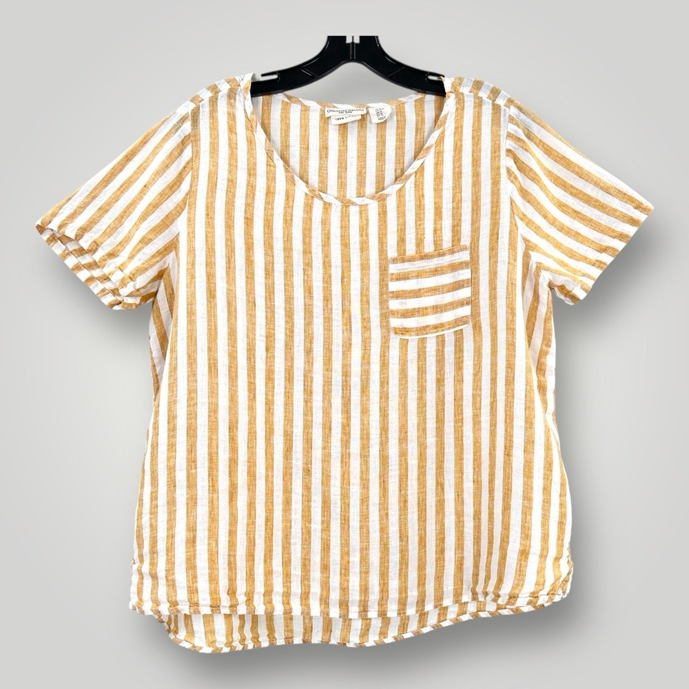 Christian Siriano Striped Linen Top Womens M Short Sleeve Shirt Blouse Boho